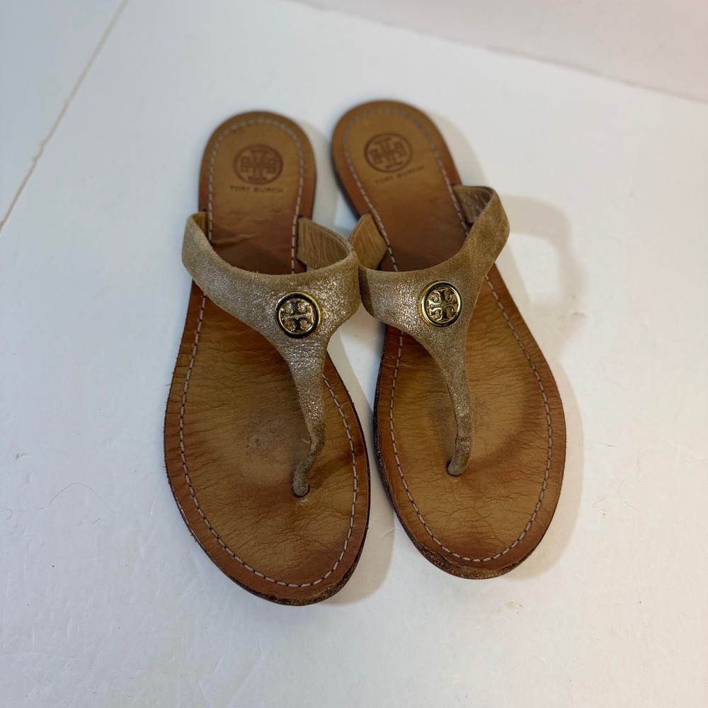 Tory Burch Miller Gold Glitter Leather Thong Logo Medallion Sandals Women 7